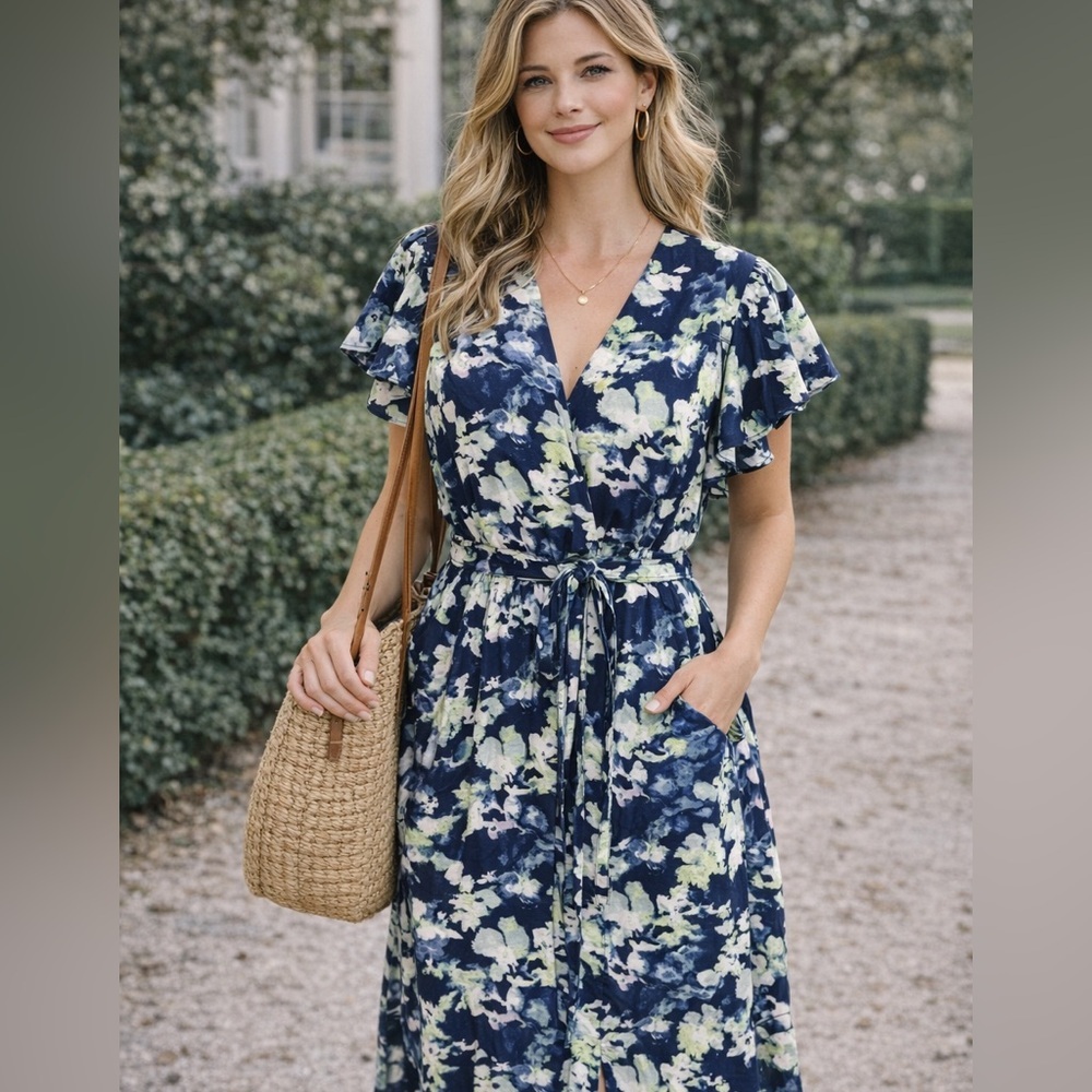 Floral Midi Dress Navy Green Tie Waist Pockets Short Sleeve 1X - Picture 1 of 8